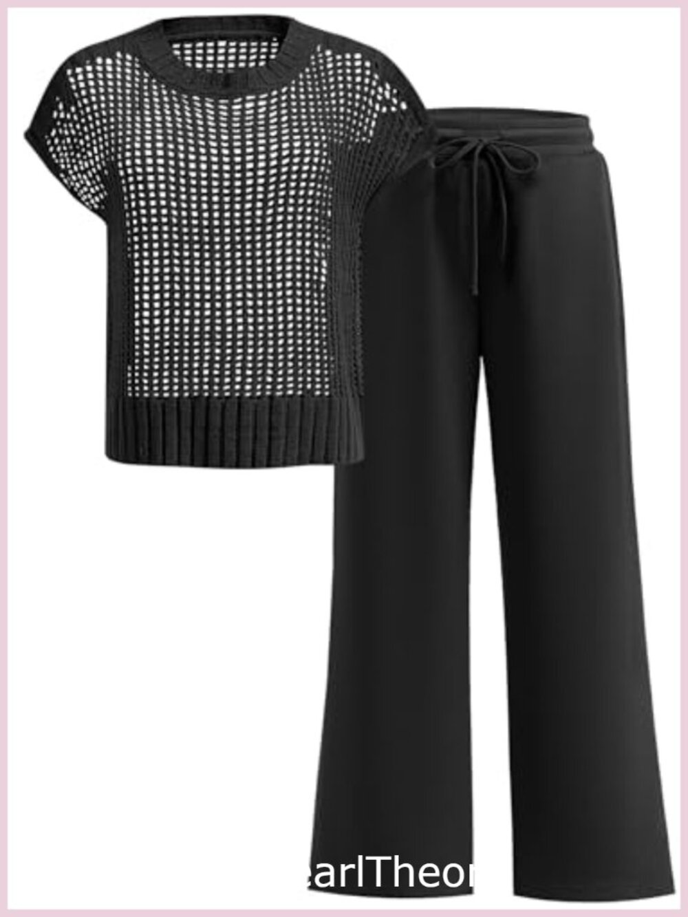 Two Piece Crochet Knit Lounge Set Short Sleeve Sweater Top & Pants